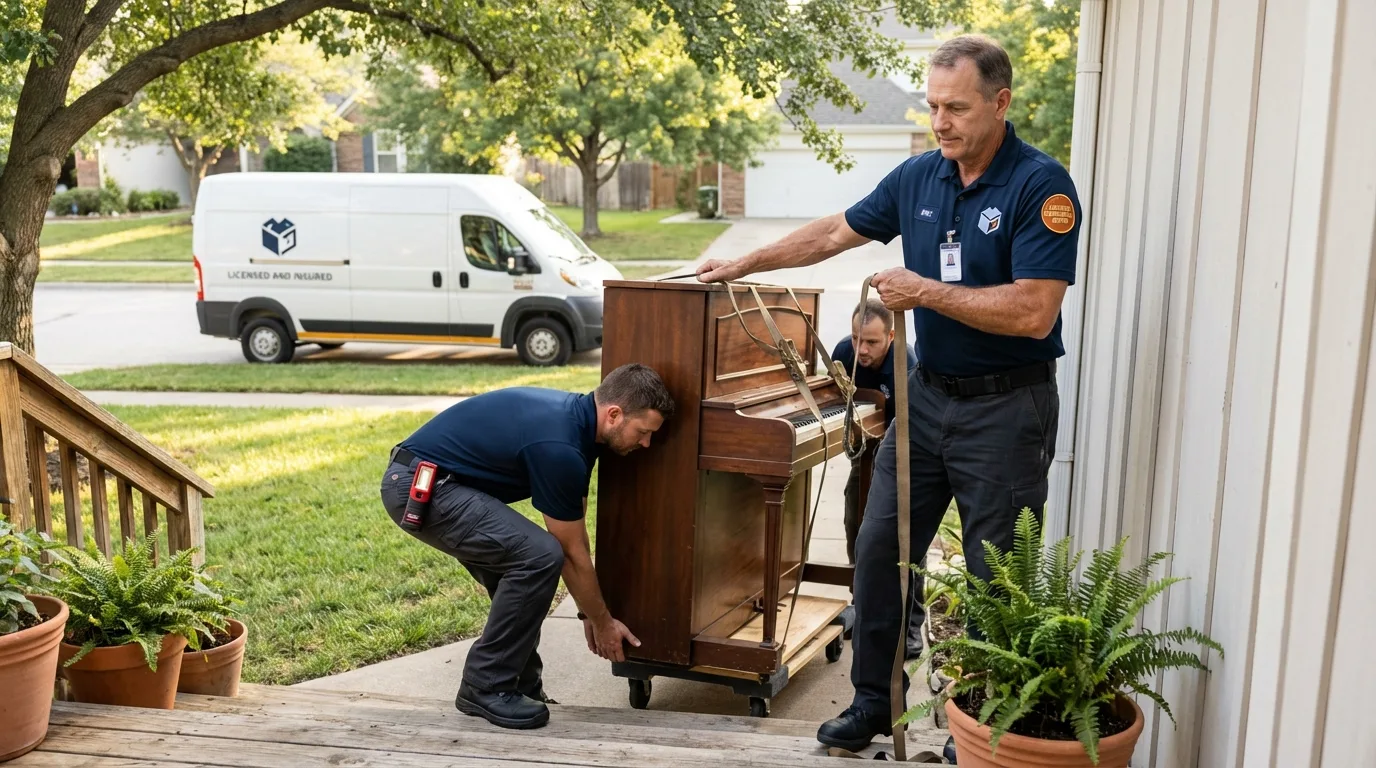 Licensed piano movers securing grand piano in Jacksonville, FL