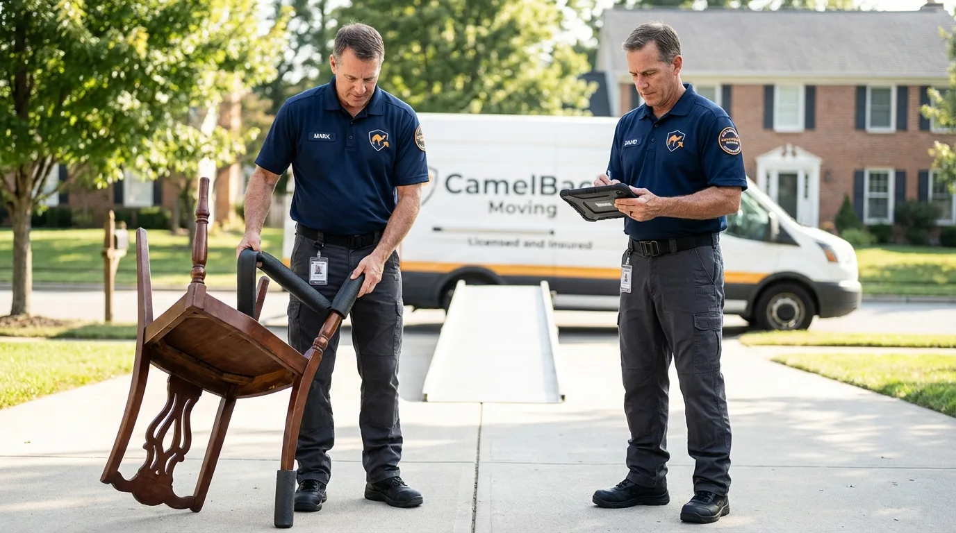 Movers inspecting furniture for damage prevention before loading in Jacksonville, FL